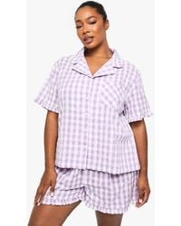 Boohoo - Plus Seersucker Gingham Ruffle Shirt And Trouser Pyjama Set - Lyst