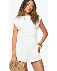 Boohoo - Ruched Cap Sleeve Woven Romper - Lyst