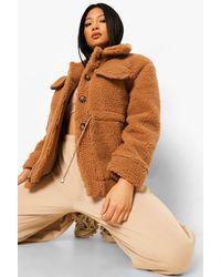 Boohoo Petite Pocket Front Teddy Jacket - Natural