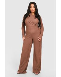 Boohoo - Plus Textured Wrap Detail Long Sleeve Jumpsuit - Lyst