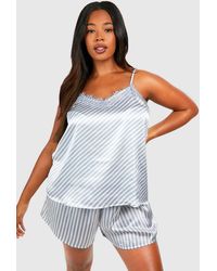 Boohoo - Plus Satin Stripe Lace Trim Cami Pj Short Set - Lyst