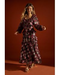 Dorothy Perkins - Floral Ruffle Long Sleeve Chiffon Metallic Midi Dress - Lyst
