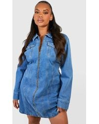 Boohoo - Plus Denim Zip Up Shift Dress - Lyst