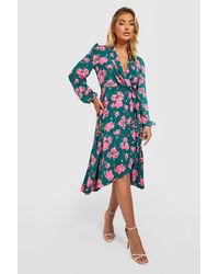 Boohoo - Floral Wrap Belted Midi Dress - Lyst