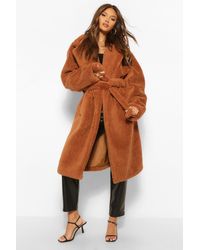 Boohoo Womens Mantel Aus Teddy-Kunstpelz Mit Gürtel - Braun