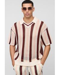BoohooMAN - Oversized Boxy Open Stitch Revere Collar Stripe Knitted Polo - Lyst