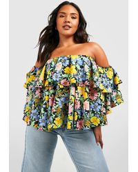 Boohoo - Plus Woven Ruffle Floral Off Shoulder Top - Lyst