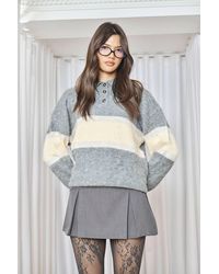 Boohoo - Stripe Front Button Down Collar Oversized Jumper - Lyst