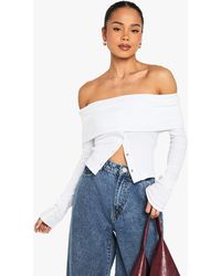 Boohoo - Popper Detail Off The Shoulder Long Sleeve Top - Lyst