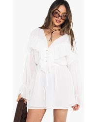 Boohoo - Crinkle Chiffon Ruffle Long Sleeve Mini Dress - Lyst