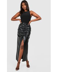 Boohoo - Ruched Leather Look Split Maxi Skirt - Lyst