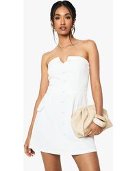 Boohoo - Vestido Mini Entallado Palabra De Honor Con Botones - Lyst