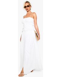 Boohoo - Vestido Maxi De Algodón Fruncido Palabra De Honor Con Botones - Lyst