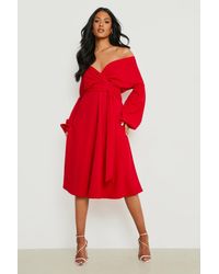 Boohoo Tall Off The Shoulder Wrap Midi Skater Dress - Red