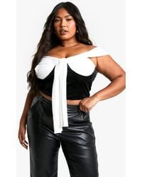 Boohoo - Plus Mesh And Velvet Tie Front Bardot Corset Top - Lyst