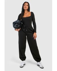 Boohoo - Ribbed Square Neck Bodysuit And Jogger Set - Lyst