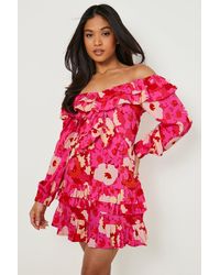 Boohoo - Petite Floral Off Shoulder Ruffle Mini Dress - Lyst