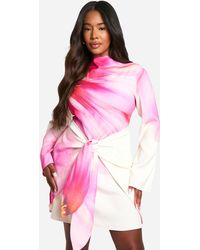 Boohoo - Plus Premium Satin Floral Print Wrap Drape Detail Long Sleeve Mini Dress - Lyst