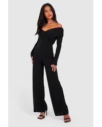 Boohoo - Petite Premium Slinky Twist Front Bardot Jumpsuit - Lyst