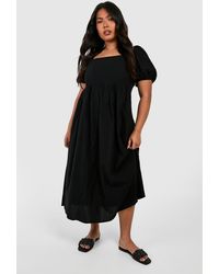 Boohoo - Plus Linen Look Puff Sleeve Midaxi Smock Dress - Lyst