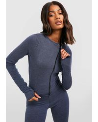 Boohoo - Two Tone Rib Off The Shoulder Zip Through Long Sleeve Top - Lyst