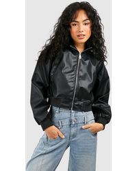 Boohoo - Cropped Faux Leather Zip Bomber Jacket - Lyst