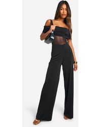 Boohoo - Bardot Mesh Panel Wide Leg Jumpsuit - Lyst