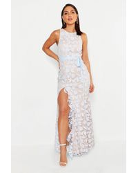 Boohoo - Lace Ruffle Split Maxi Dress - Lyst
