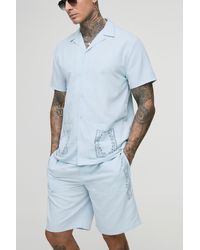 BoohooMAN - Tall besticktes Hemd und Shorts in Leinenoptik - Lyst