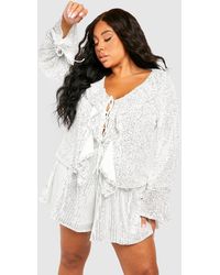 Boohoo - Plus Sequin Ruffle Tie Front Blouse - Lyst