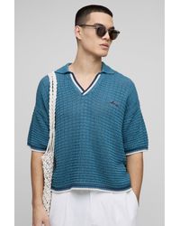 BoohooMAN - Oversized Boxy Open Stitch Stripe Trim Knitted Polo - Lyst