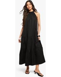 Boohoo - Cotton Poplin High Neck Tiered Smock Dress - Lyst