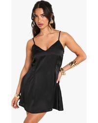 Boohoo - Petite Satin Strappy Skater Mini Dress - Lyst