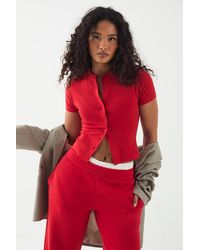 DSGN Studio - Script Embroidery Ribbed Button Through Short Sleeve Top - Lyst