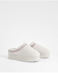 Boohoo - Borg Embroidered Platform Cosy Mules - Lyst