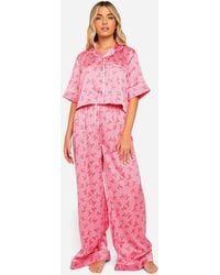 Boohoo - Bow Print Stripe Piping Detail Short Sleeve Shirt & Pants Pyjama Set - Lyst