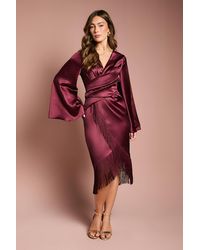Coast - Satin Fringe Hem Wrap Waist Midi Dress - Lyst