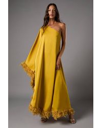 Coast - One Shoulder Satin Feather Trim Maxi Dress - Lyst