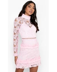 Boohoo Tall Lace High Neck Long Sleeve Tiered Mini - Pink