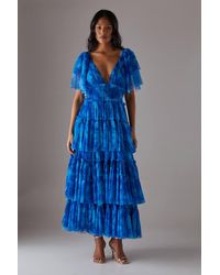 Warehouse - Tulle Floral Plunge Neck Flutter Sleeve Tier Maxi Dress - Lyst