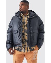 BoohooMAN - Plus Boxy Pu Hooded Puffer With Pockets - Lyst