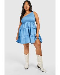 Boohoo - Plus One Shoulder Chambray Tiered Skater Dress - Lyst