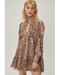 printed puff sleeve ruffle neck smock dress