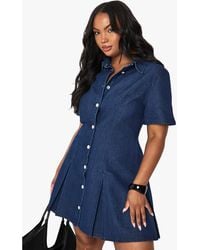 Boohoo - Plus Denim Button Pleated Shift Dress - Lyst
