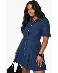 Boohoo - Plus Denim Button Pleated Shift Dress - Lyst