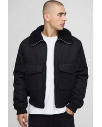 BoohooMAN - Regular Fit Boucle Borg Collar Nylon Bomber Jacket - Lyst