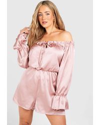 Boohoo - Plus Satin Bardot Frill Detail Playsuit - Lyst