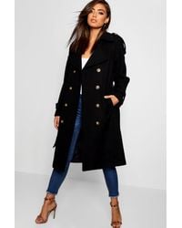 Boohoo Belted Wool Look Trench - Black