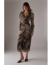 Warehouse - Animal Chiffon Ruched Plunge Button Front Midi Dress - Lyst