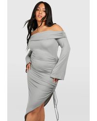 Boohoo - Plus Soft Rib Off Shoulder Ruched Split Dress - Lyst